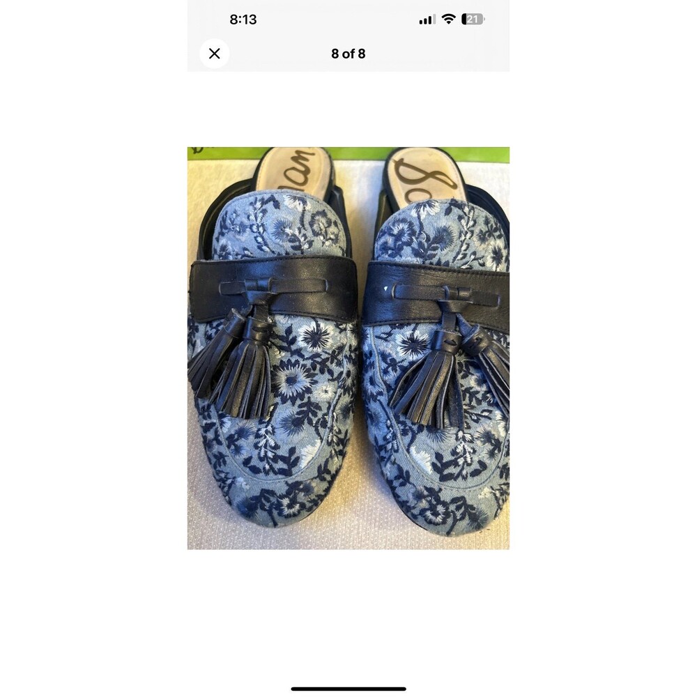 Sam Edelman Leather Paris Jacquard Blue Floral  Mules Size 8.5 - Picture 8 of 8